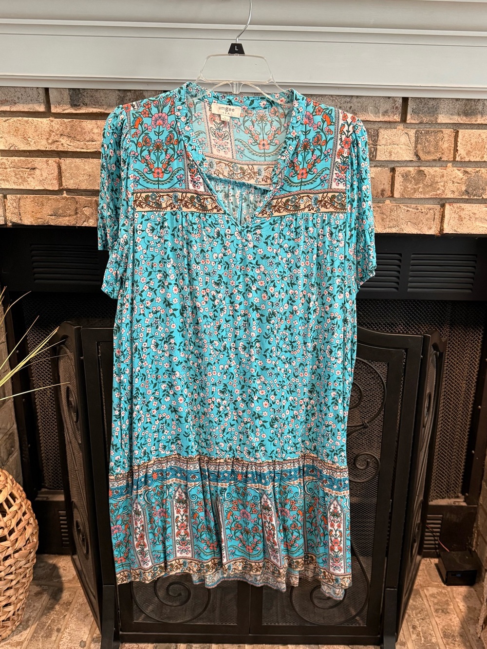 Umgee printed short sleeve rayon dress turquoise multi, Large, EUC